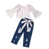 Kinder Kleidung Sets Mädchen Outfits Kinder Spitze Flare Ärmel Streifen Tops + Loch Denim Hosen 2 teile/satz Frühling Herbst Mode Baby Kleidung