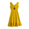 Solid V Neck Midi Dress Women Ruffles Sleeveless Beach Summer Hollow Out Backless Stylish Chic Vestido De Festa S-L 210515