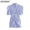 Women Chic Fashion Striped Pleated Fitted Mini Dress Vintage Puff Sleeves Button-up Female Dresses Vestidos Mujer 210416