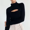 Jocoo Jolee Donne Donne Primavera Autunno Hollow Sexy Turtleneck Vite Filo Top Top Solid Slim Maglia T-shirt a maniche lunghe Casual Elegante 210518