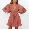 Women Chic Embroidery Patchwork Dress V Neck Pink Color Stylish Bandage es Lantern Long Sleeve Mini Vestidos 210515