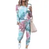 2Pcs Frauen Tie Dye Jogger Anzug Langarm Rundhals Hosen Nachtwäsche Loungewear Frauen Schlaf Tragen Nachtwäsche Pyjamas Für frauen X0526