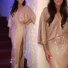 Gold Sequins Sparkly Evening Dresses V Neck Side Slit Long Sleeves Custom Made Plus Size Prom Party Ball Gown Vestido estido