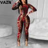 VAZN 2020 Nieuwe Collectie Plus Size Sexy Club Retro Soft Elastische Stijl Volledige Mouw Hoge Taille Lange Broek Slanke Vrouwen 2 Stuk Set Y0625