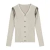 Hol ontwerp gebreide blouses dames vest long mouwen slanke Koreaanse rib knitwear shirts vrouwelijke v-hals 3 kleuren gebreide tops 210417