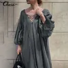 5XL Sexy Backless Long Dress Celmia Women Loose Vintage Dress Lantern Sleeve Maxi Dresses Fashion Lace Up Casual Solid Vestidos Y0603