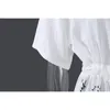 [EAM] Women White Big Size Print Sashes Ruffles Dress Lapel Short Sleeve Loose Fit Fashion Spring Summer 1DD7143 210512