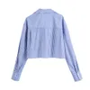 Fashion With Pockets Striped Crop Blouses Women Sweet Long Sleeve Button-up Female Shirts Blusas Chic Tops Casual Clothing 210430