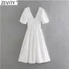 Kadın Tatlı Peter Pan Yaka Oymak Nakış Casual Ince Beyaz MIDI Elbise Femme Chic Puf Kol Vestido DS8266 210416