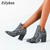 EilyKen Motorcycle Western Cowboy Boots Women Animal Snake pattern PU Leather High Heels slip on Cowgirl Booties Ankle Bootas Y0914