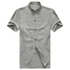 Summer Men Linen Cotton Shirts Gray Tunic Blouses Man Mandarin Collar Top Gris Tangzhuang Tunics Male Plain Tang Shirt Men's Casual