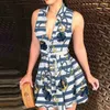 Elegante corrente carta impressão camisa vestido de verão feminino com decote em v bandage botão vestido vintage manga longa mini vestidos de festa t2280p