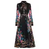 2023 Mode Boog Kraag Geplooide Jurk Vrouwen Designer Lange Mouwen Kant Patchwork Runway Retro Bloemen Party Midi Jurken Lente Aut308L