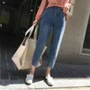 Women Autumn Winter Single-breasted Solid Jeans Pocket Casual Straight Ankle Length Pants P0003 Blue White 210514
