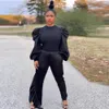 All Black Women Pants And Top Elegant Puff Sleeve Pullover Tunic Asymmetry Chic Trousers Sexy Club Outfits Office Wear 210525