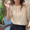 Zoete zonnebrandcrème losse licht stijlvolle chique blouses uitgehold zomer haak bloemen retro slanke femme tops shirts 210525