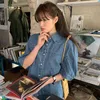 Korejpaa Kadın Ceketler Yaz Kore Chic Niş Retro Yaka Gevşek Vahşi Tek Göğüslü Puf Kollu Yıkanmış Mavi Denim Ceket 210526