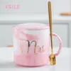 FSILE MARBLE Mönster Guldfälgens presentförpackning Set kaffepar Kvinnor Flamingo Cup Ceramic med handceremonin 210409