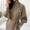 Robe pull pour femmes de mode automne et hiver fil haut cou boucle d'or ceinture tricotée 210520