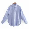 Vuwwyv Blue Paski Oversize Koszule dla kobiet Casual Plised Collar Button Up Koszula Długi Rękaw Asymetryczny Obróć Topy 210430