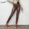 Liooil Black Brown Faux PU Couro Slit Calças Mulheres Slacks Streetwear Mid Cintura Calças Sexy Skinny Long 210915