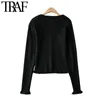 TRAF Women Fashion Faux Pearl Knappar Beskuren Stickad Cardigan Sweater Vintage Långärmad Kvinnlig Ytterkläder Chic Toppar 210415