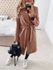 Winter Warm Wool Trench Womens Coat Oversize Lace Up Black Midi Female Coats Autumn Elegant Fashion Ladies Outerwear