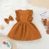 2021 New Spring 6m-5y Baby Girl 2pcs Set Corduroy Ruffled Sem Mangas Únicas Vestido Breasted + Bow Hairpin Crianças Roupas 4 Cores Q0716