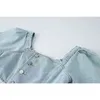 Sorgfältiges Design Sense Taille freigelegtes Jean-Kleid Frauen Sommer Vintage Quadratischer Kragen Dünne Mini-Jeanskleider weiblich 210515