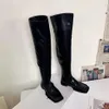 Mulheres Longas Botas Outono Botas de Inverno Personalizado Flat Grossas sobre a Bota Do Joelho Moda Quadrado Toe Sapatos de Couro Brilhante 2021