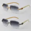 Novos óculos de sol sem aro de diamante pavimentados micro-pavimentados brancos de búfalo natural búfalo hift óculos masculino e feminino com moldura 18K Gold UV400 Oval para lentes de face lente face lente