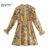 Zevity Womenファッション中国風プリントフリルミニドレス女性長袖キモノヴェスティドシックカジュアルスリムドレスDS4489 210603