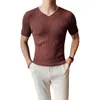 British Style Summer V-neck Knitted T-shirt Men's Fit Casual Short-sleeved Streetwear All-match T-Shirts