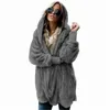 S-5XL Faux Futro Misia Niedźwiedź Kurtka Kobiety Moda Otwarty Stitch Zima Z Kapturem Płaszcz Kobiet Z Długim Rękawem Fuzzy Jacket Hot New Y0829