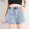 Kobiety Wysoka talia Czarne Denim Spodenki Z Pas Casual Kobiet Szerokie Nogi Niebieski Slim Fit Duże Kieszonkowe Dżinsy 210430