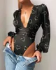Spring Winter Women Lace Puff Sleeve Skinny Bodysuit Solid V-Neck Black Casual Body Top Patchwork Jumpsuit Femme New 210415