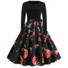 Casual Dresses Women Black Patchwork Elegant Vintage Print A-Line Julklänning Plus Storlek Långärmad Slim Party Vinter