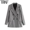 TRAF femmes mode Double boutonnage vérifier Blazer manteau Vintage à manches longues poches vêtements de dessus pour femmes Chic hauts 210415