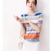 Mode gebreide T-shirt Rainbow Stripes zijn dunne en ijszijden All-match Dames Knitwear 210520