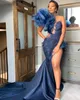 Elegant One Shoulder Prom Dresses Tulle Puffy Sleeves With Long Train Mermaid Side Slit Lace Appliques Evening Gown293Q