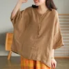 Johnature Women Bat Sleeve Shirts and Tops Lot Luźne ubrania Lato Vintage przycisk Kobiety Solid Color Plus Size Koszule 210521