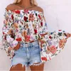 Mulheres Sexy Off Ombro Floral Impressão Blusas Tops Verão Longo Flare Manga Chiffon Boho Blusas Ropa de Mujer 210416