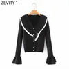 Women Sweet Black White Patchwork Ruffles Cardigan Knitting Sweater Female Chic Flare Sleeve Casual Slim Tops S646 210420