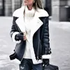 Zimowa skórzana kurtka damska czarny płaszcz ze sztucznego futra Vintage skręcić w dół kołnierz ciepłe szarfy luźna odzież wierzchnia damska