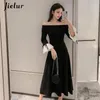 Lady 2021 Kpop Slash Neck Retro Elegant Black Dress Slim Chic Long-Sleeved Women Sexig Autumn Winter Long Dresses S-XL Casual