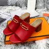 Women Sandals Newest Summer Genuine Leather Womens High Heels Striped Ladies Casual Scuffs Block Heel Outdoor Shopping Letters Slippers Box shoe