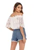 Sommarhårig Slash Collar Sweet Lace Chiffon Shirt Bomull Vit Blus Sexiga Kall Axel Toppar Blusas de Seda 14128 210521