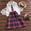 Estilo formal japonês primavera Outono Mulheres Vestido Peter Pan Colar com Laço Ruffles Phone xadrez Cute Kawaii Girl 210520