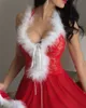Kvinna Patchwork Loungewear Christmas Halter Sheer Mesh Lace Fluffy Hem Babydoll 210415