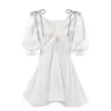 Rhinestone Bow Deep V Neck White Mini Dress Summer Puff Sleeve Ruched Cotton Short Women Designer Fashion 210427